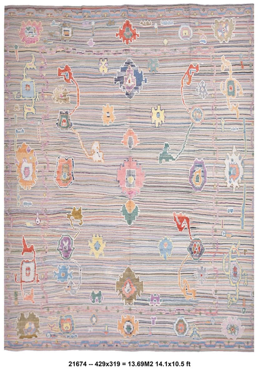 Dywan Oushak 429x319 cm, niebieski, beżowy, wełna, Turcja, lata 70.