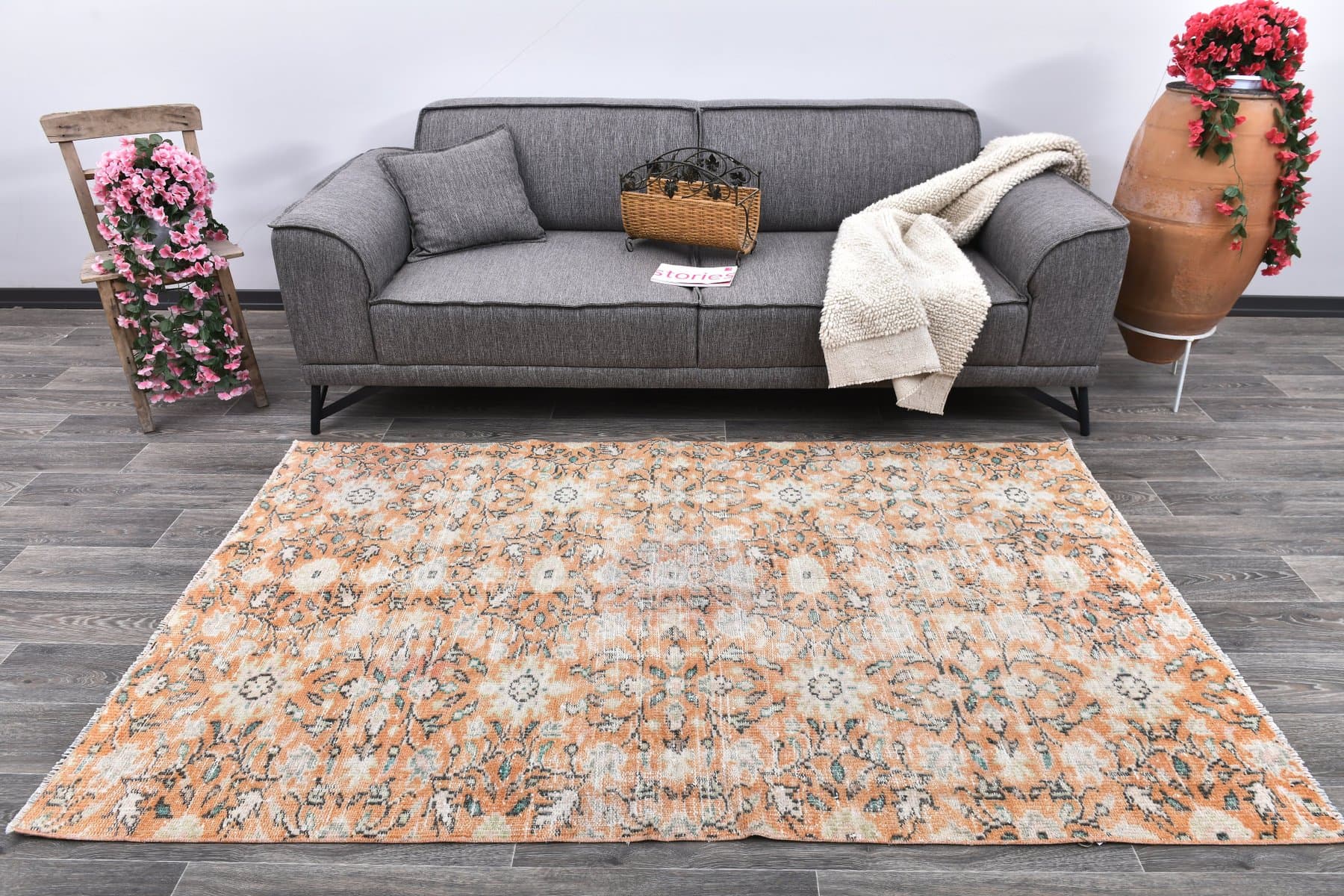 Rug 131x219 cm, orange, green, wool, Turkey, 1970s. - 213890