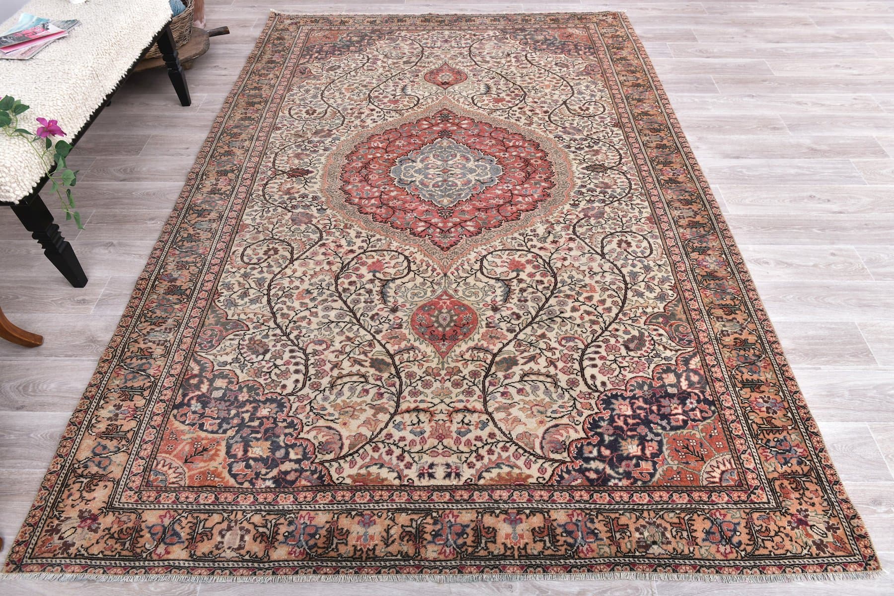 Dywan 198x292 cm, czerwony, beżowy, wełna, Turcja, lata 60. - 213877