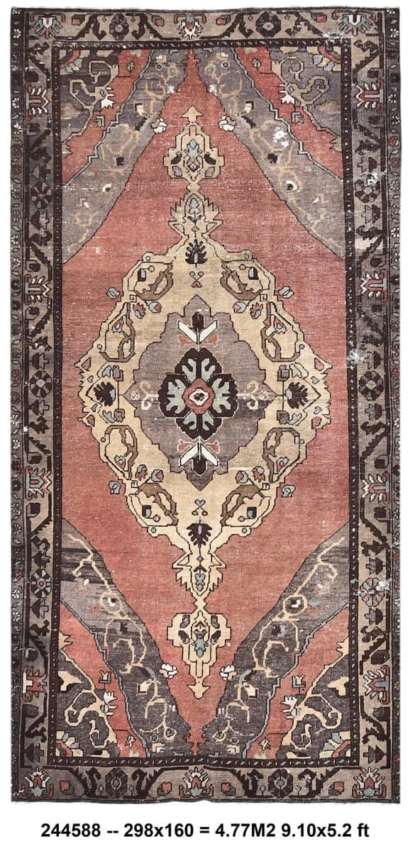 Rug 160x298 cm, red, beige, wool, Turkey, 1970s. - 213838
