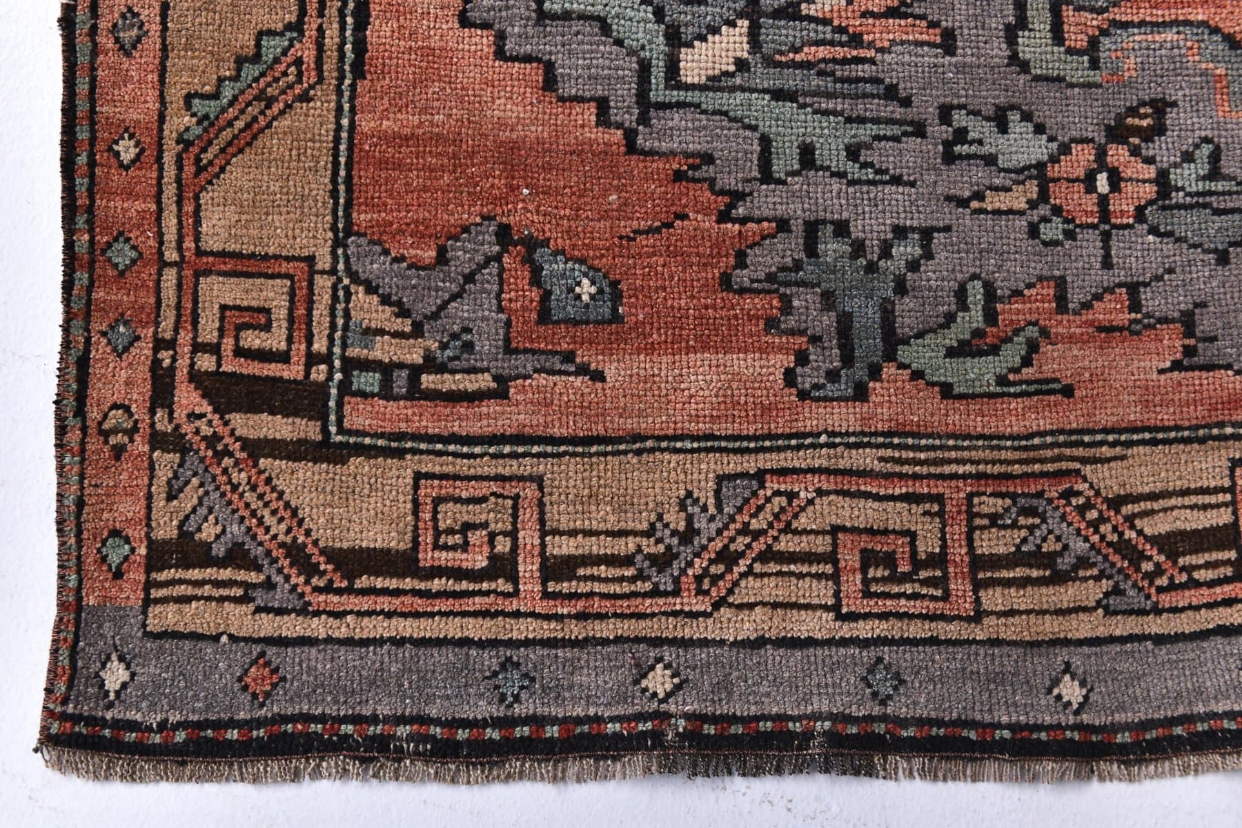 Dywan 189x370 cm, czerwony, szary, wełna, Turcja, lata 70. - 213833