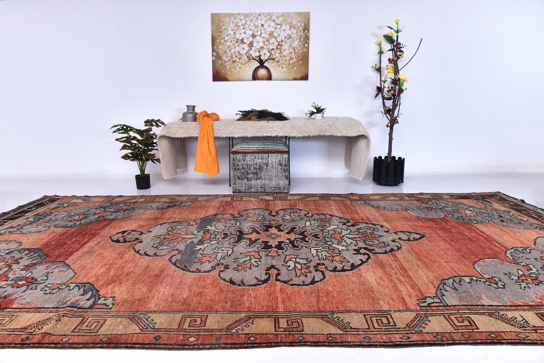 Dywan 189x370 cm, czerwony, szary, wełna, Turcja, lata 70. - 213831