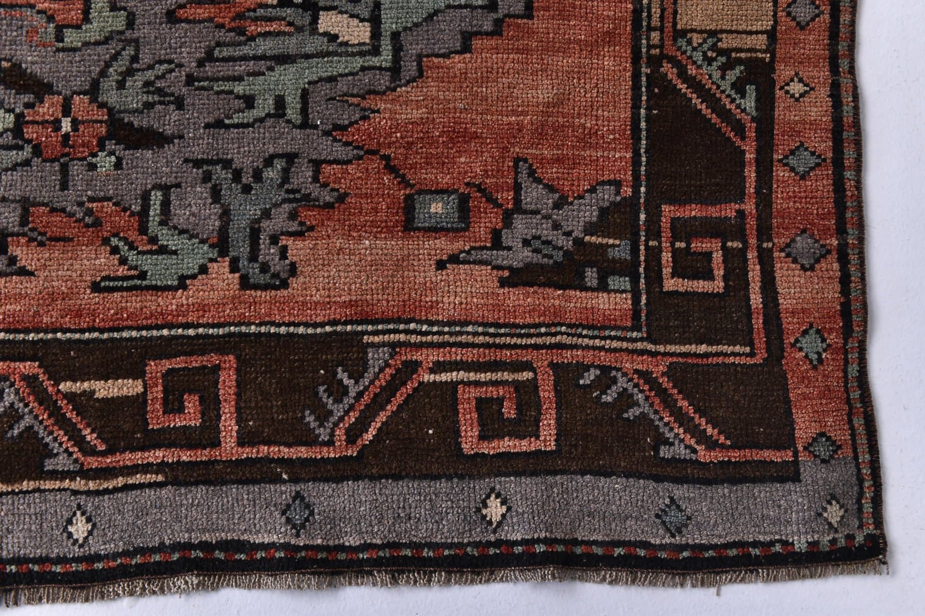 Dywan 189x370 cm, czerwony, szary, wełna, Turcja, lata 70. - 213834