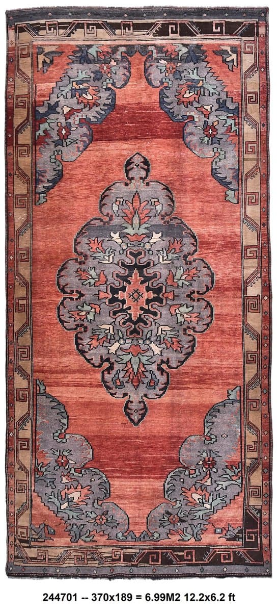 Dywan 189x370 cm, czerwony, szary, wełna, Turcja, lata 70. - 213826