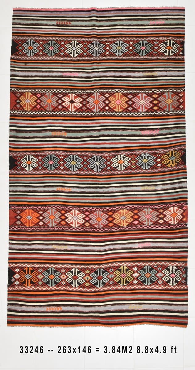 Kilim 146x263 cm, czarny, pomarańczowy, wełna, Turcja, lata 60. - 213813
