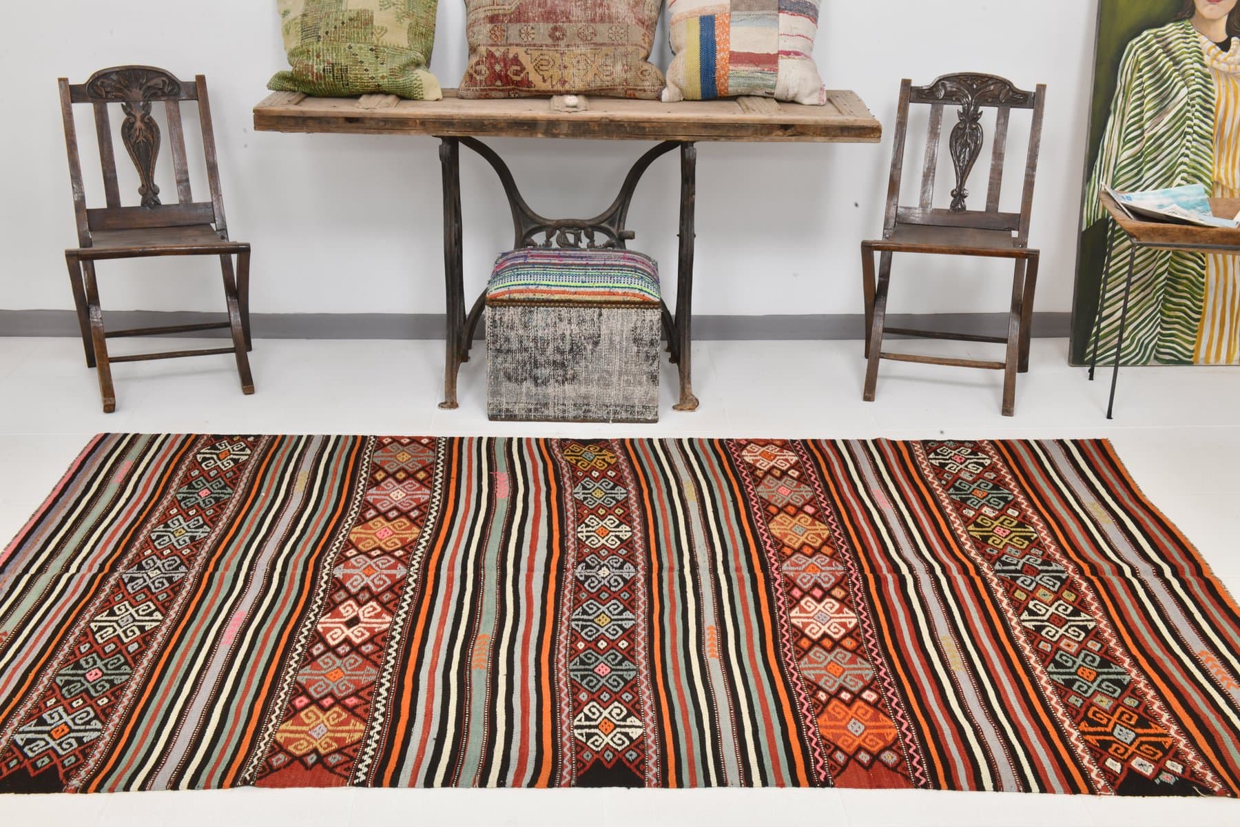 Kilim 146x263 cm, czarny, pomarańczowy, wełna, Turcja, lata 60. - 213815