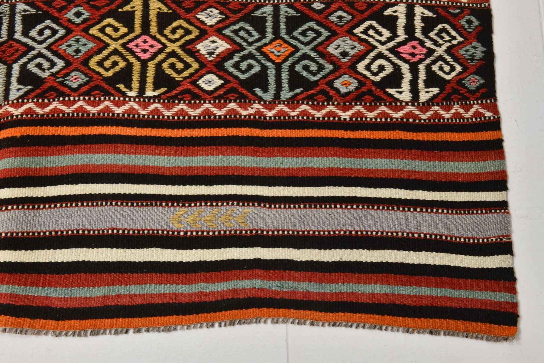 Kilim 146x263 cm, czarny, pomarańczowy, wełna, Turcja, lata 60. - 213820