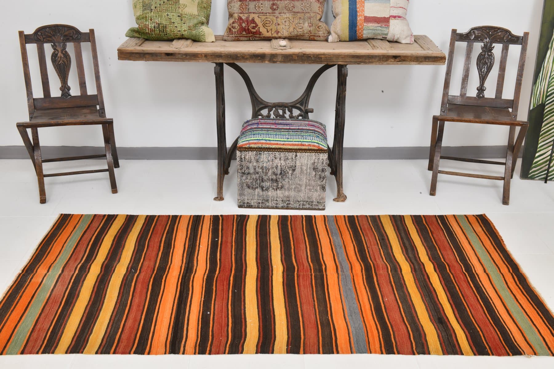 Kilim 220x106 cm, brązowy, pomarańczowy, wełna, Turcja, lata 60. - 213803