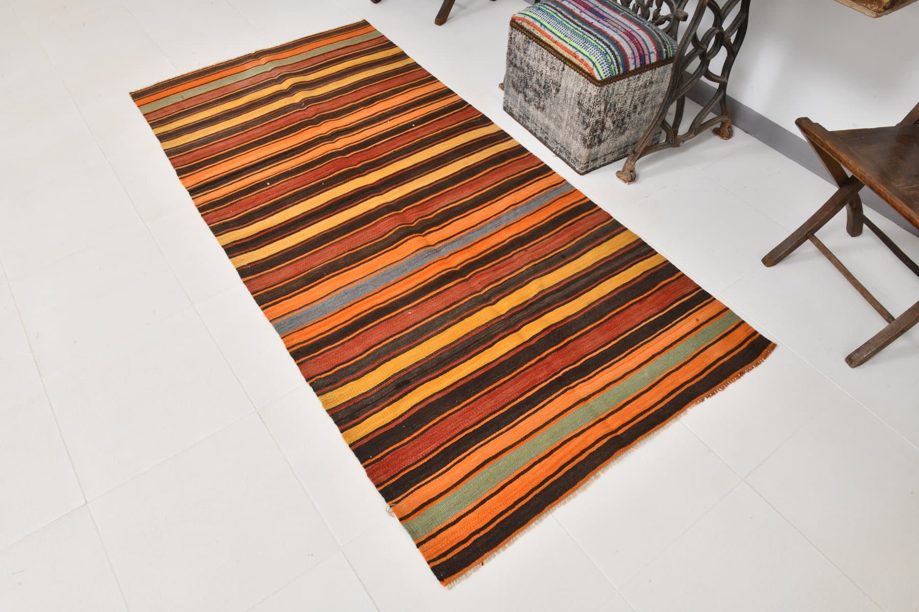 Kilim 220x106 cm, brązowy, pomarańczowy, wełna, Turcja, lata 60. - 213800
