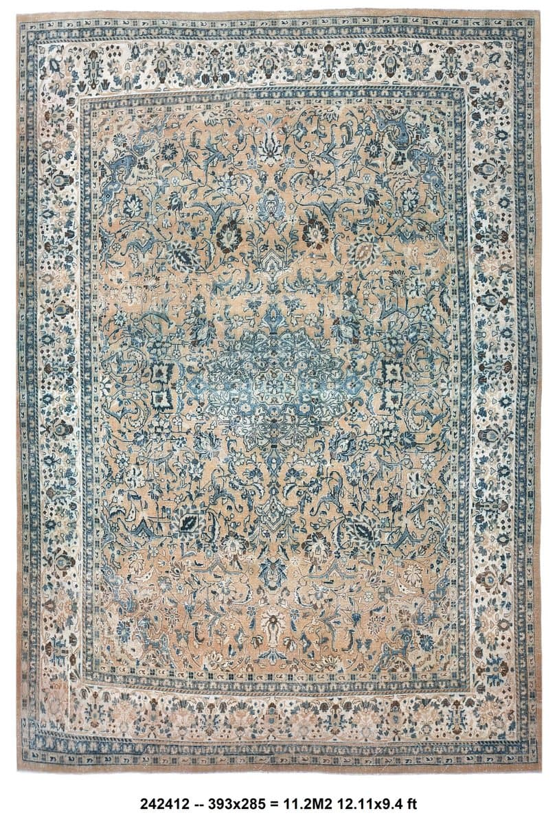 Rug 393x285 cm, beige, blue, wool, Turkey, 1960s - 213757