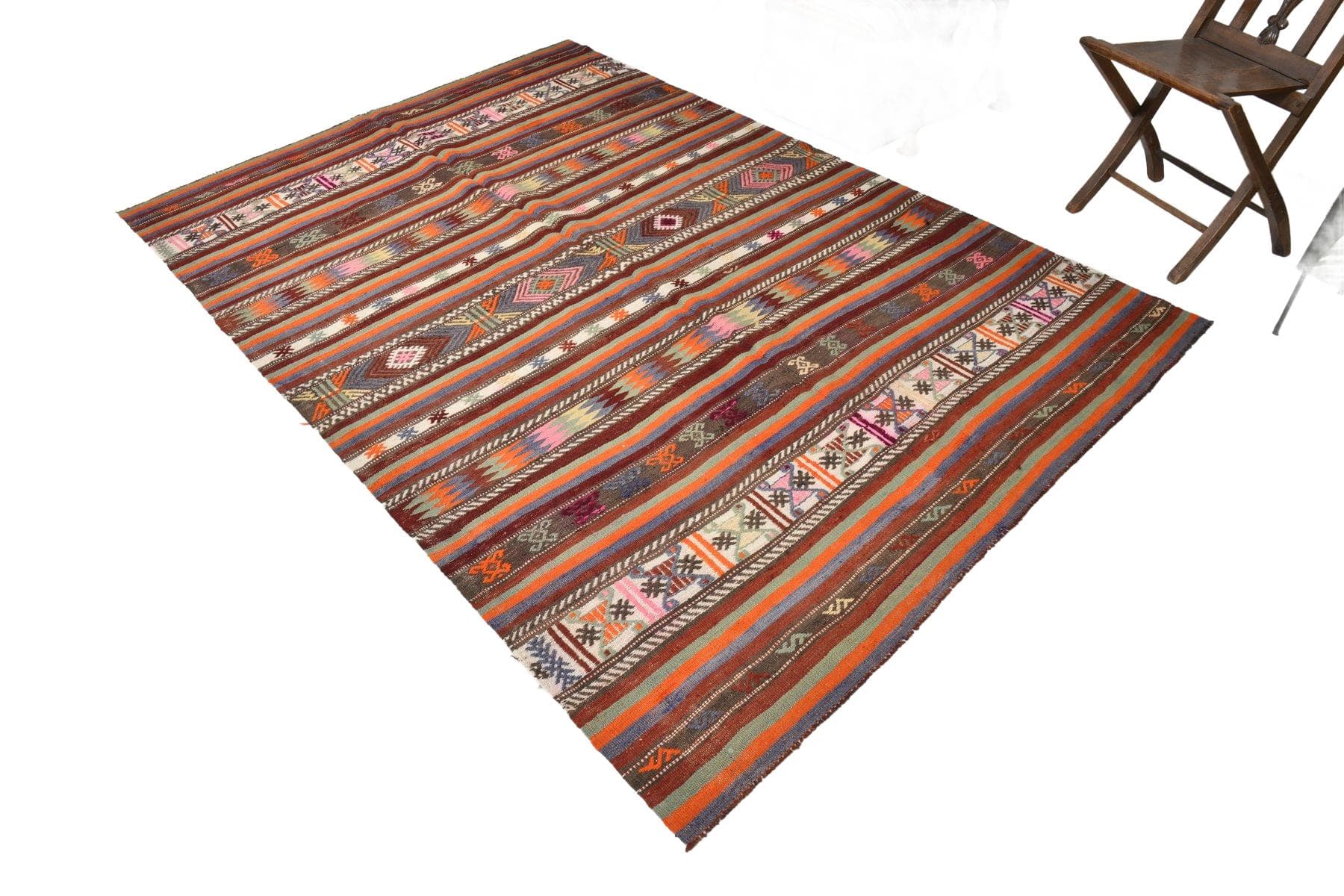 Kilim 174x253 cm, pomarańczowy, brązowy, wełna, Turcja, lata 70. - 213732