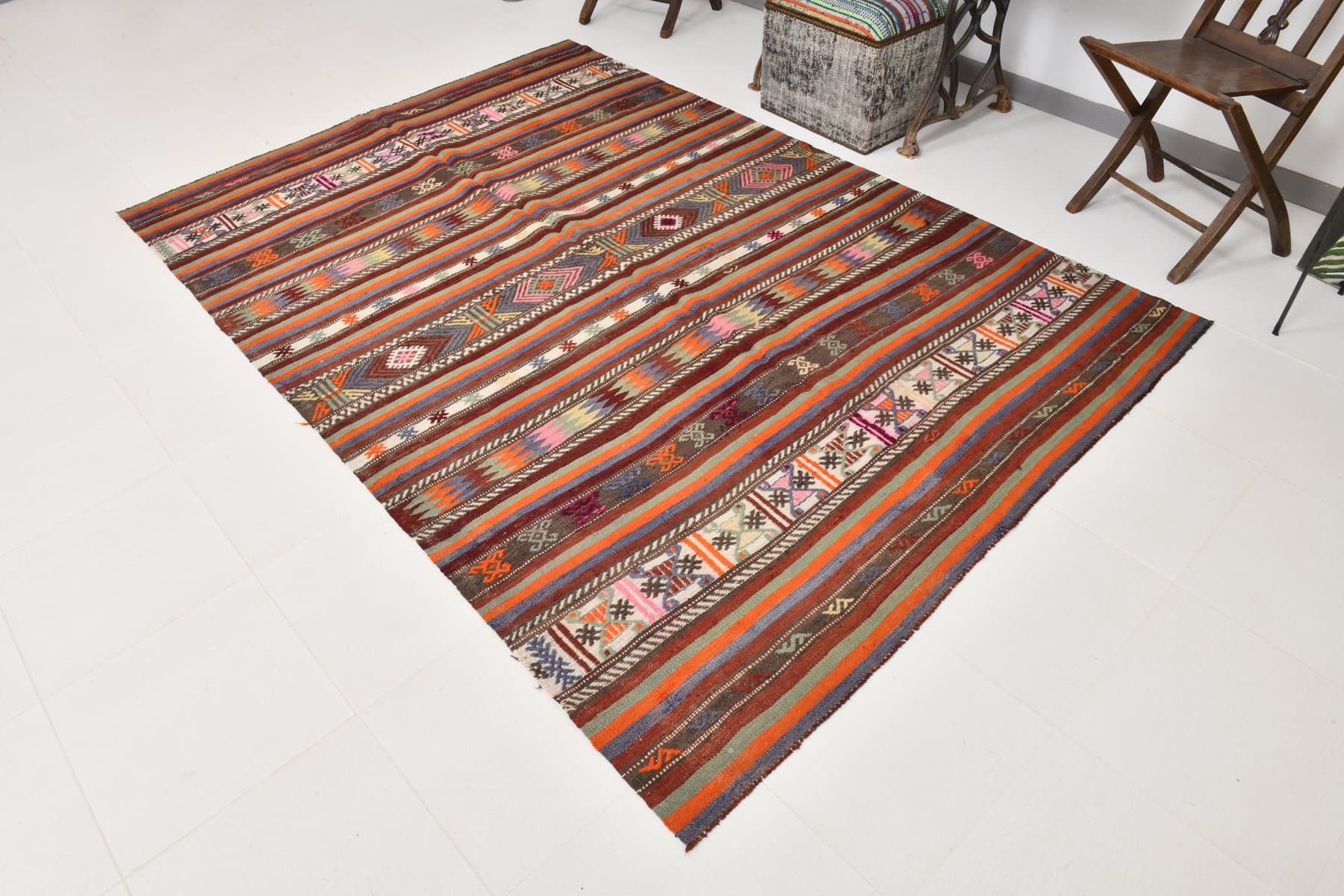 Kilim 174x253 cm, pomarańczowy, brązowy, wełna, Turcja, lata 70. - 213735