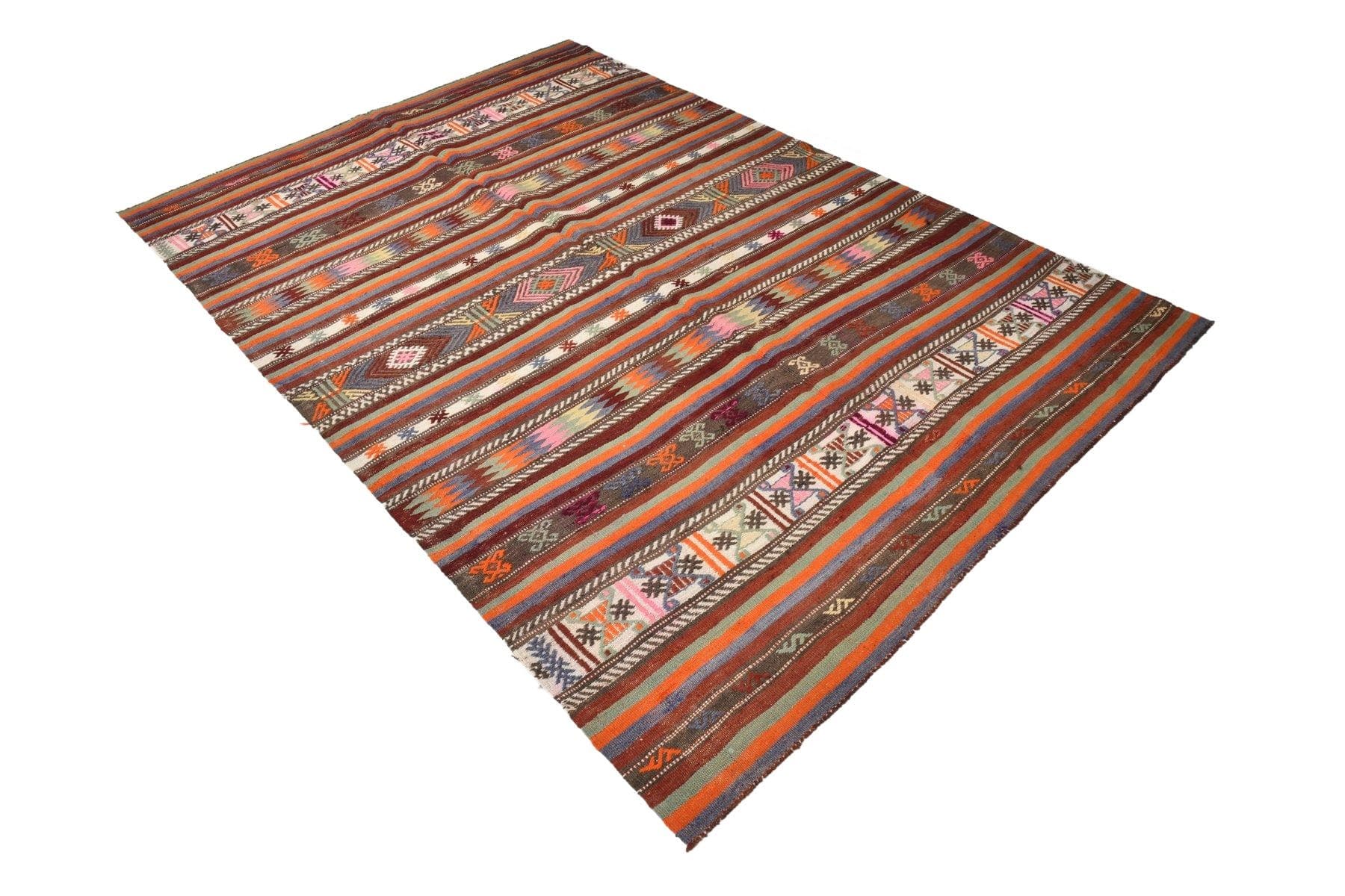Kilim 174x253 cm, pomarańczowy, brązowy, wełna, Turcja, lata 70.