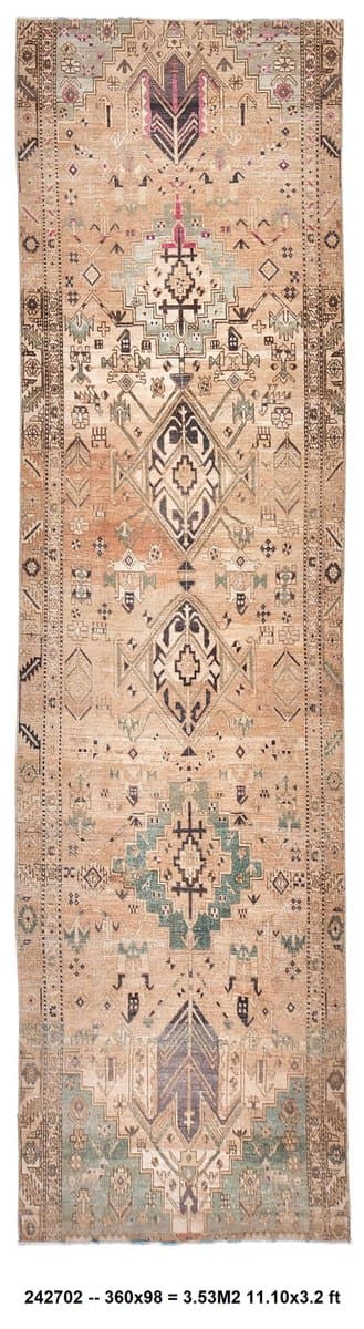 Runner Rug 98x360 cm, brown, wool, Turkey, 1960s. - DIMENSION