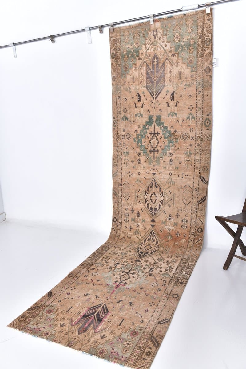 Runner Rug 98x360 cm, brown, wool, Turkey, 1960s. - 213727