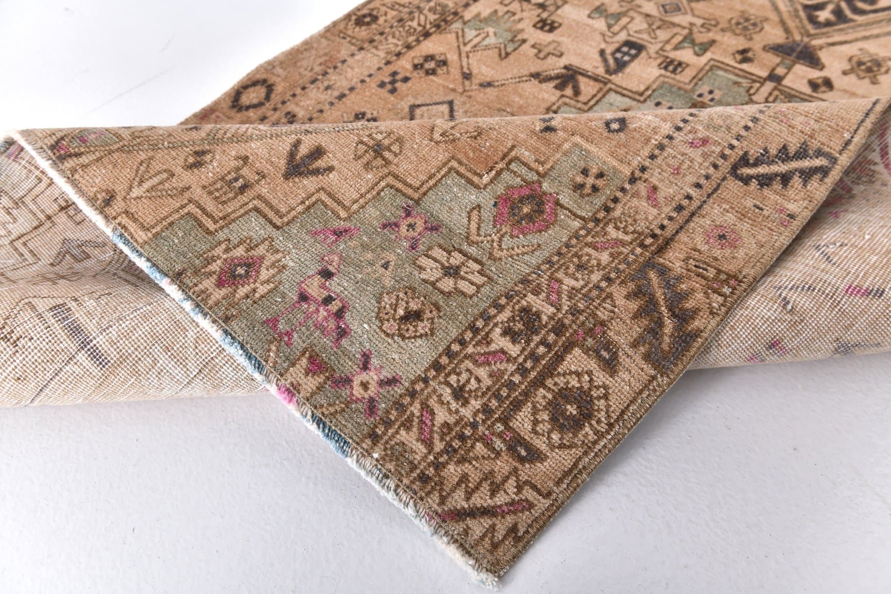 Runner Rug 98x360 cm, brown, wool, Turkey, 1960s. - 213728