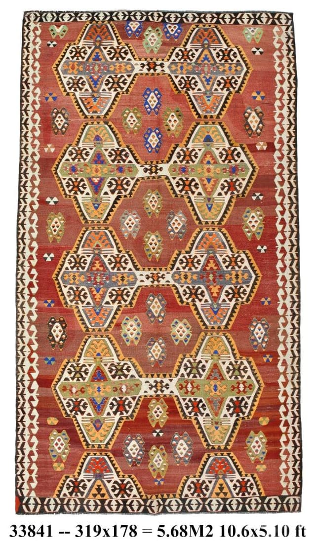Kilim Rug 178x319 cm, red, beige, wool, Turkey, 1960s - DIMENSION