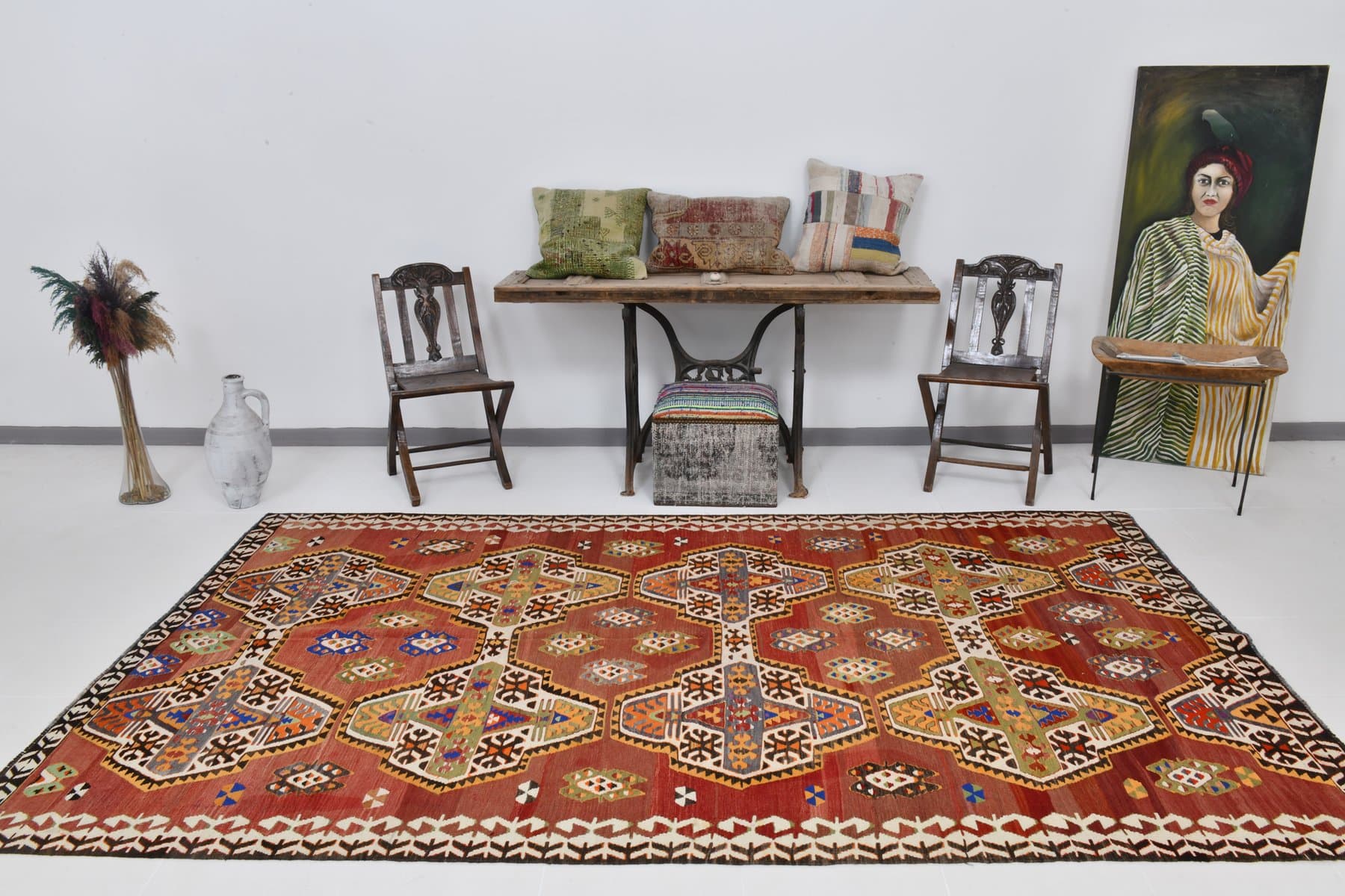 Kilim Rug 178x319 cm, red, beige, wool, Turkey, 1960s - 213661