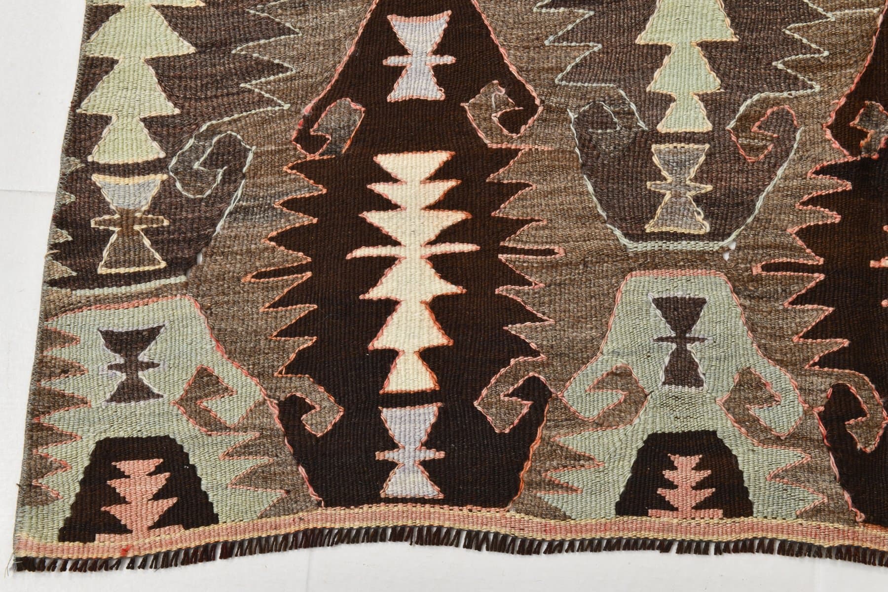 Kilim 137x284 cm, brązowy, pomarańczowy, wełna, Turcja, lata 70. - 214425