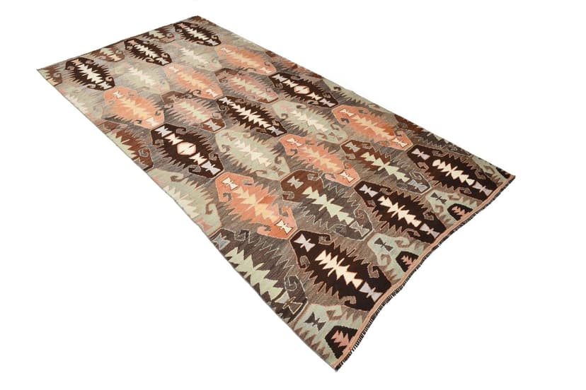 Kilim 137x284 cm, brązowy, pomarańczowy, wełna, Turcja, lata 70.