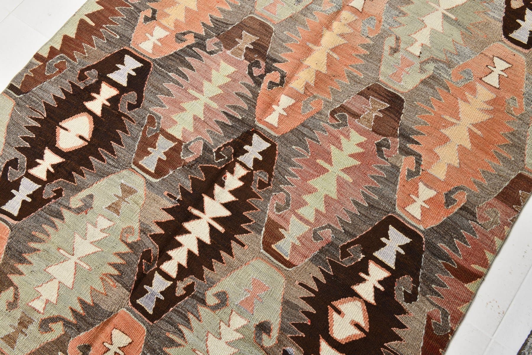 Kilim 137x284 cm, brązowy, pomarańczowy, wełna, Turcja, lata 70. - 214423