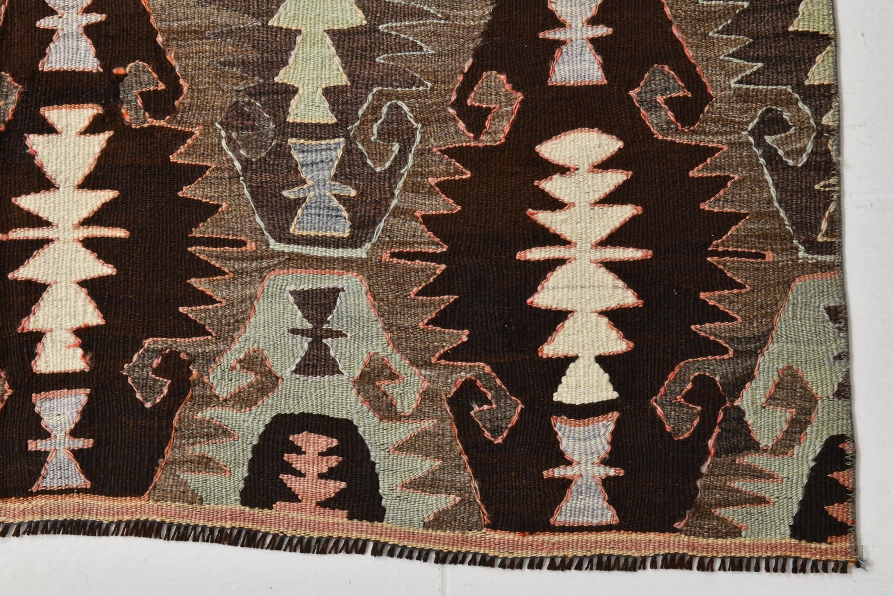 Kilim 137x284 cm, brązowy, pomarańczowy, wełna, Turcja, lata 70. - 214426