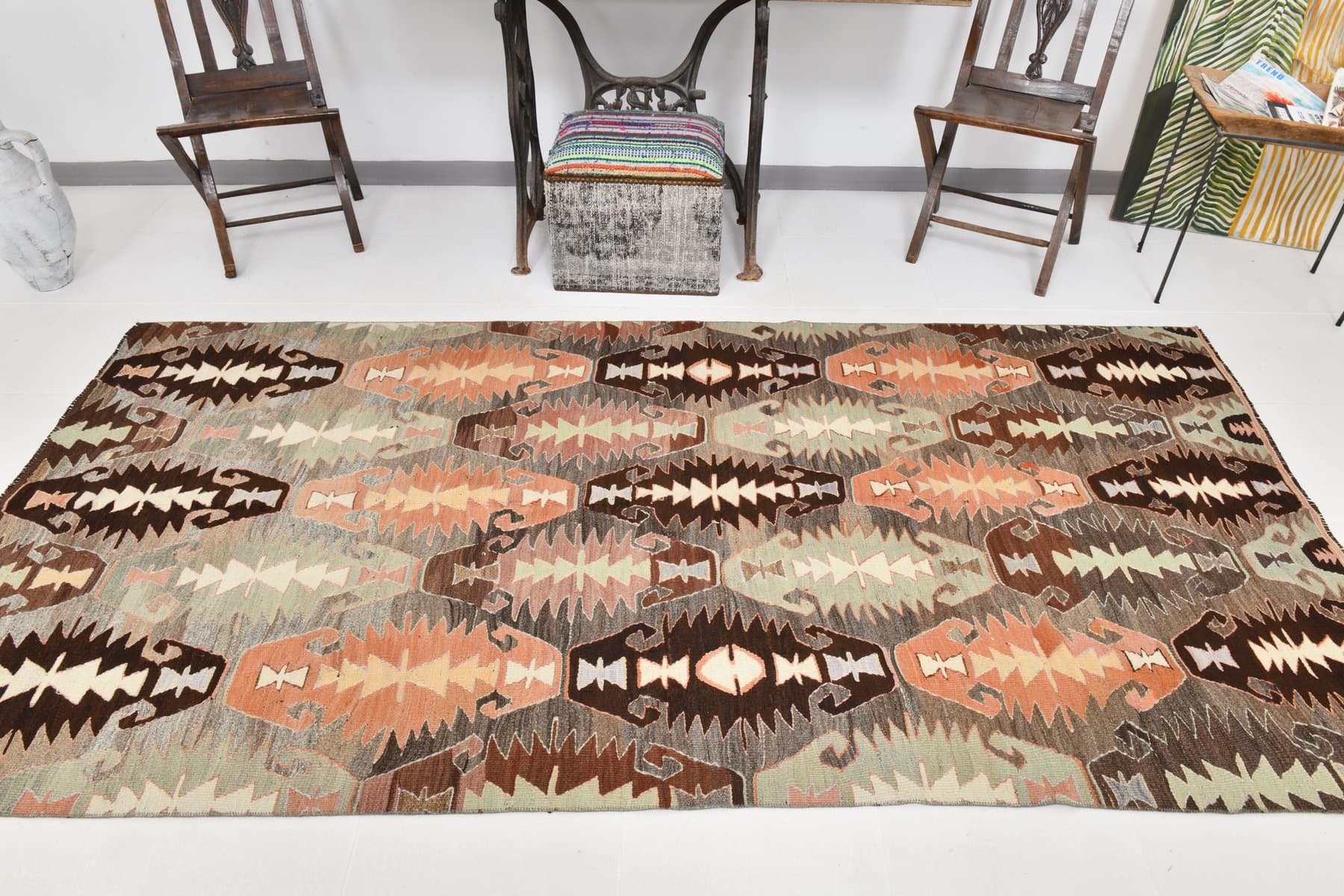 Kilim 137x284 cm, brązowy, pomarańczowy, wełna, Turcja, lata 70. - 214421