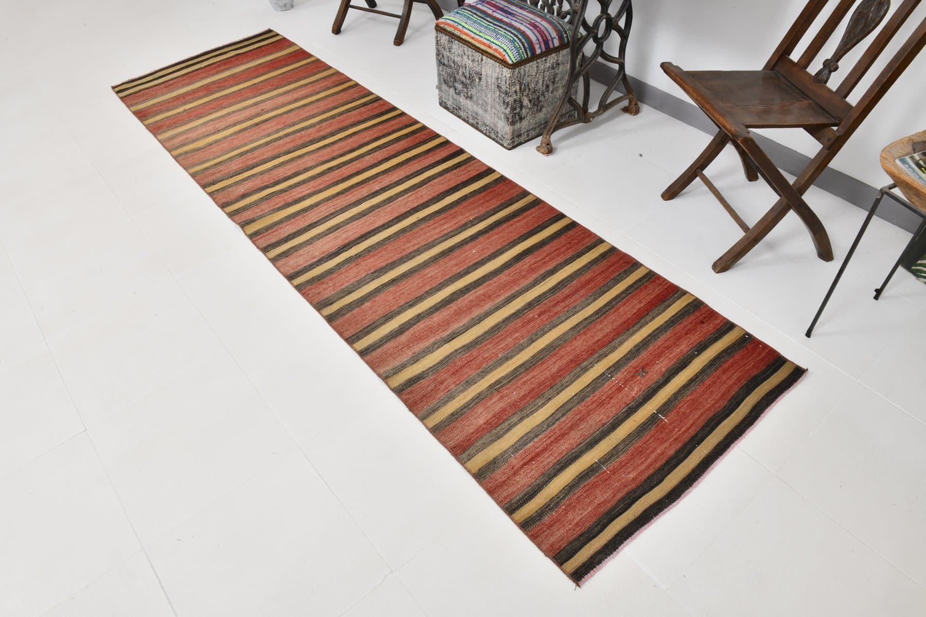 Chodnik kilim 301x88 cm, czerwony, brązowy, wełna, lata 60. - 214415