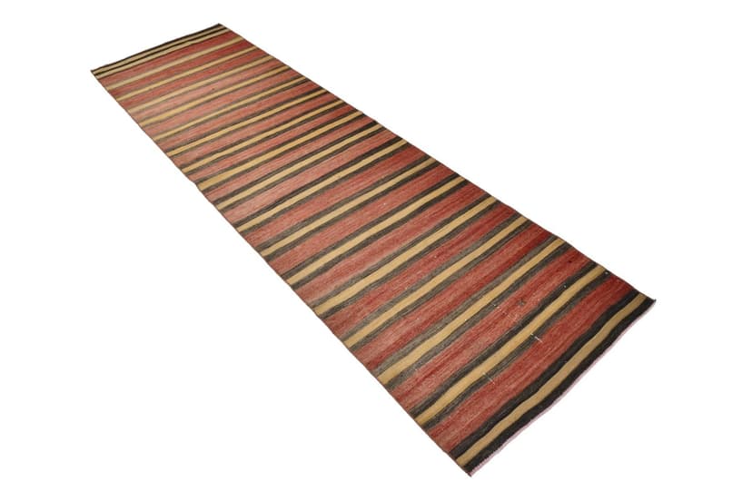 Chodnik kilim 301x88 cm, czerwony, brązowy, wełna, lata 60.