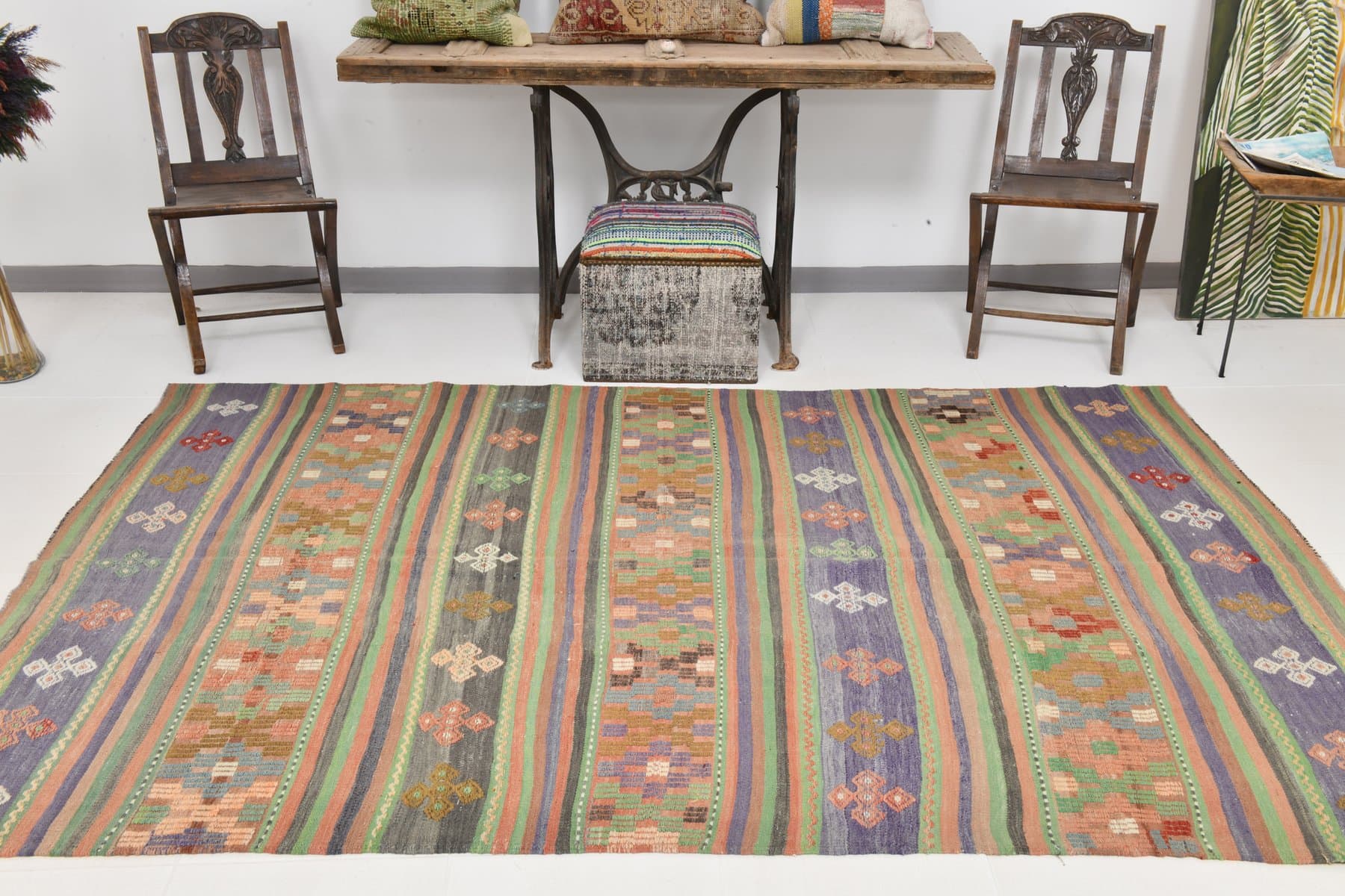Kilim 165x263 cm, fioletowy, zielony, wełna, lata 70. - 214350
