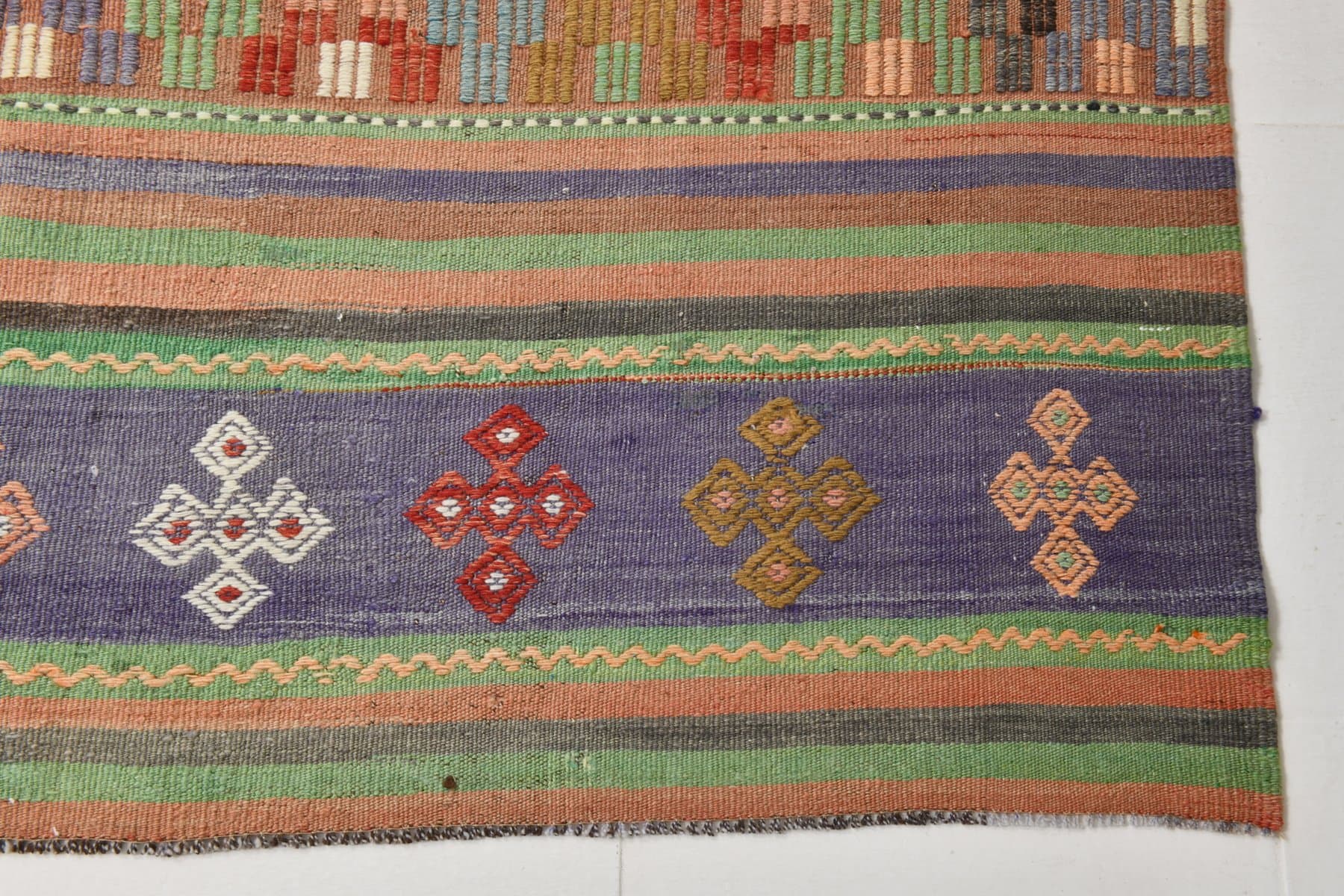 Kilim 165x263 cm, fioletowy, zielony, wełna, lata 70. - 214356