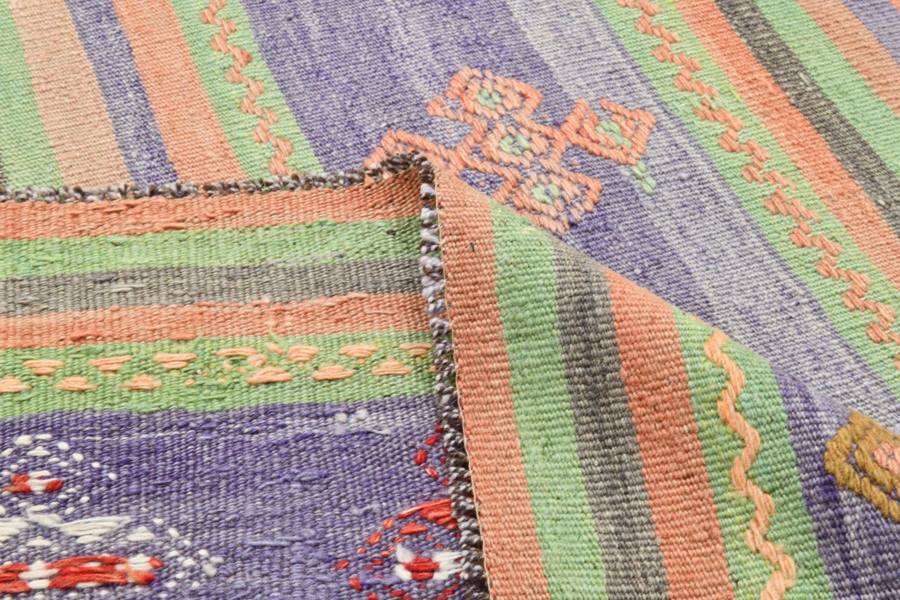 Kilim 165x263 cm, fioletowy, zielony, wełna, lata 70. - 214359