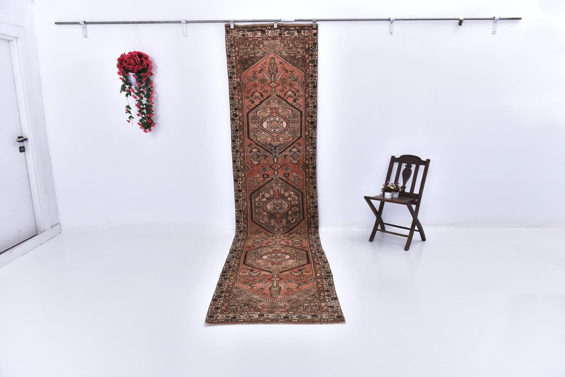 Chodnik 388x91 cm, brązowy, wełna, lata 60. - 214334