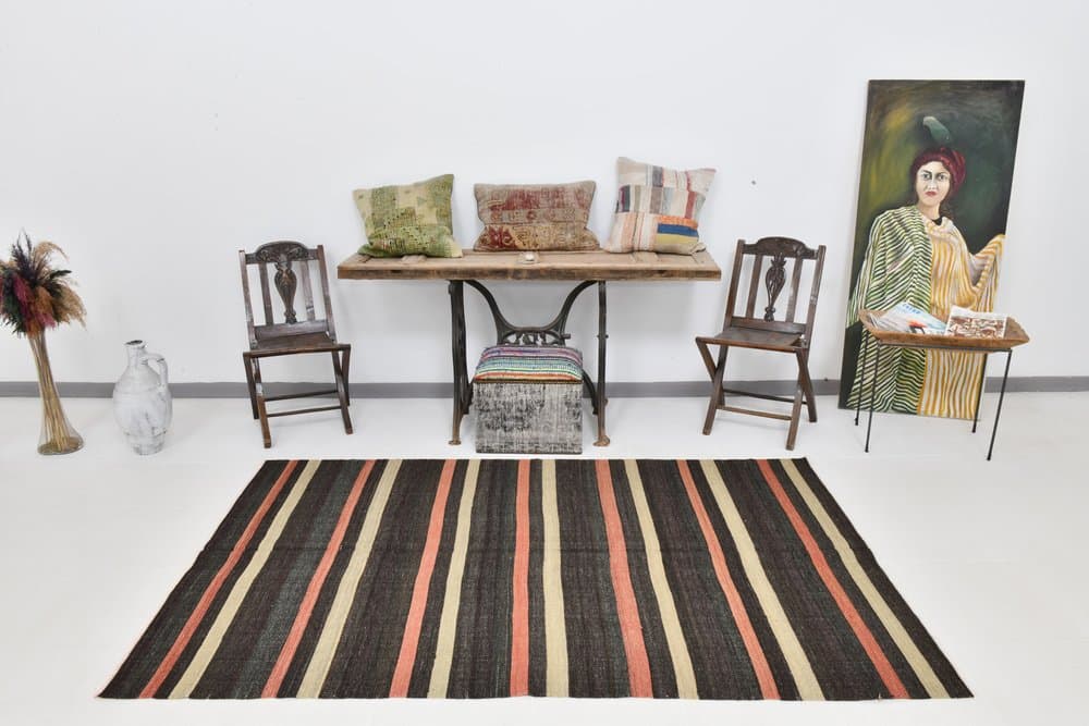 Kilim 235x144 cm, brązowy, wełna, lata 70. - 214293