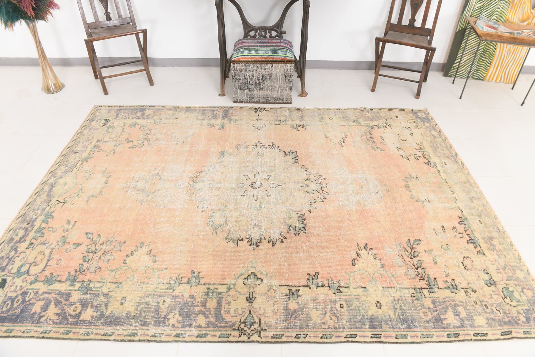 Dywan 185x261 cm, beżowy, niebieski, wełna, lata 70. - 214179