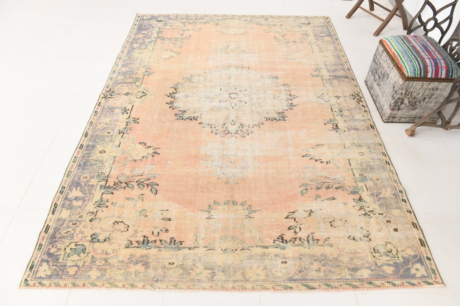 Dywan 185x261 cm, beżowy, niebieski, wełna, lata 70. - 214178