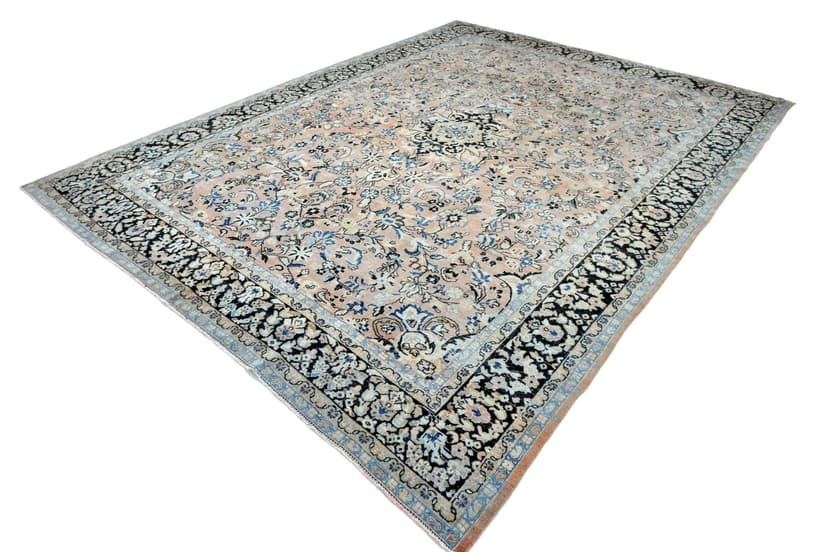 Dywan 390x300 cm, beżowy, turkusowy, wełna, lata 60.