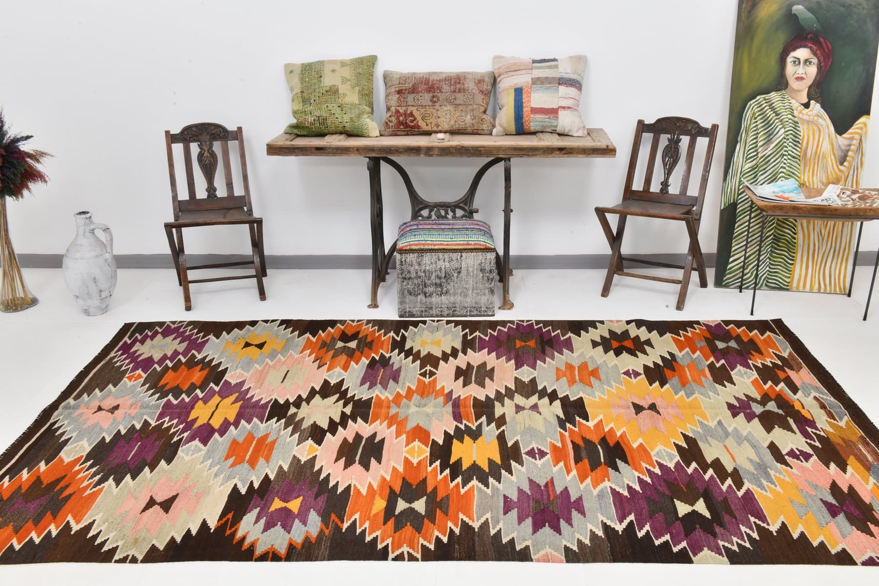 Kilim 166x306 cm, pomarańczowy, brązowy, wełna, lata 70. - 214634