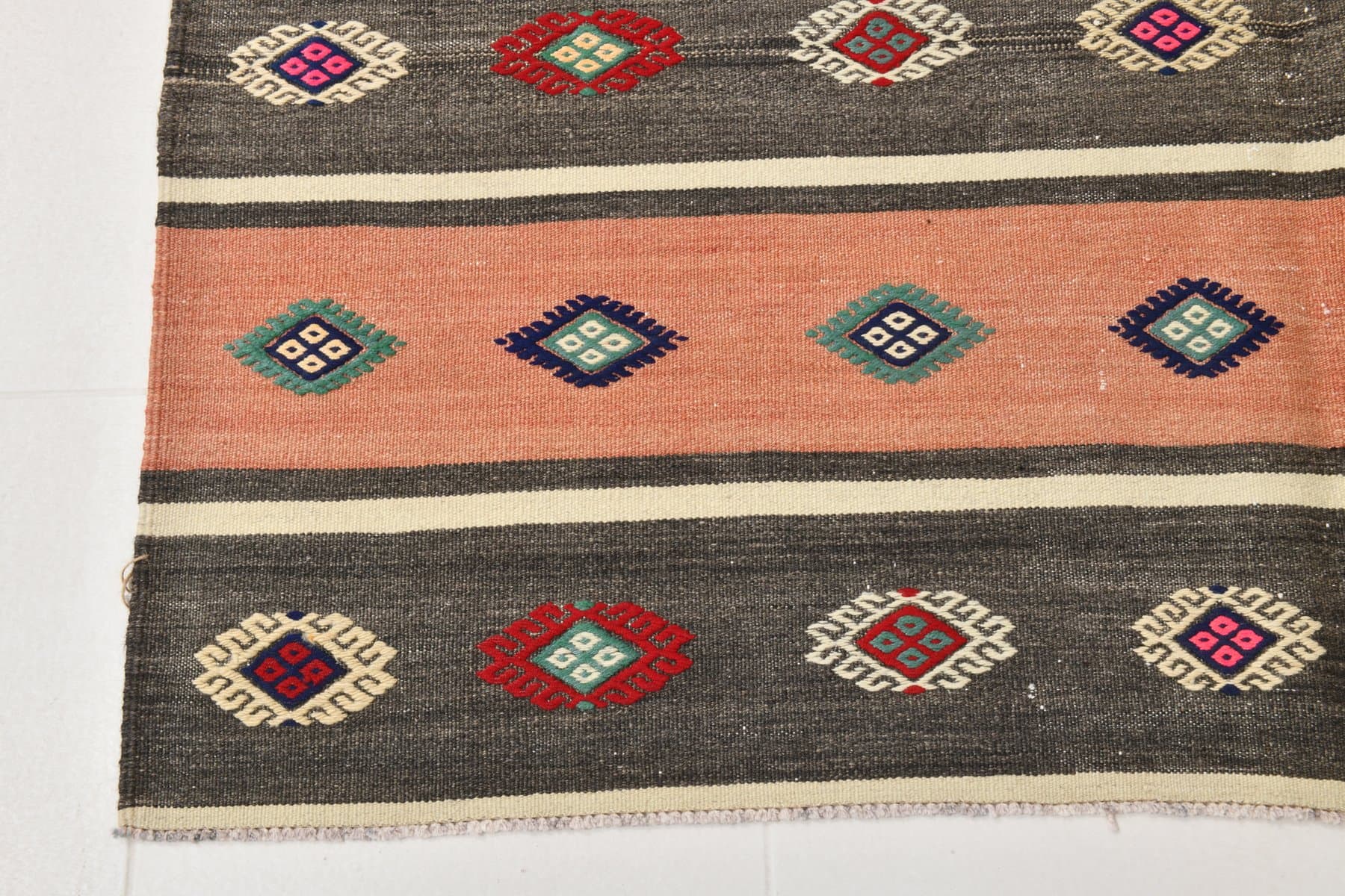Kilim 163x240 cm, brzoskwiniowy, brązowy, wełna, lata 70. - 214603