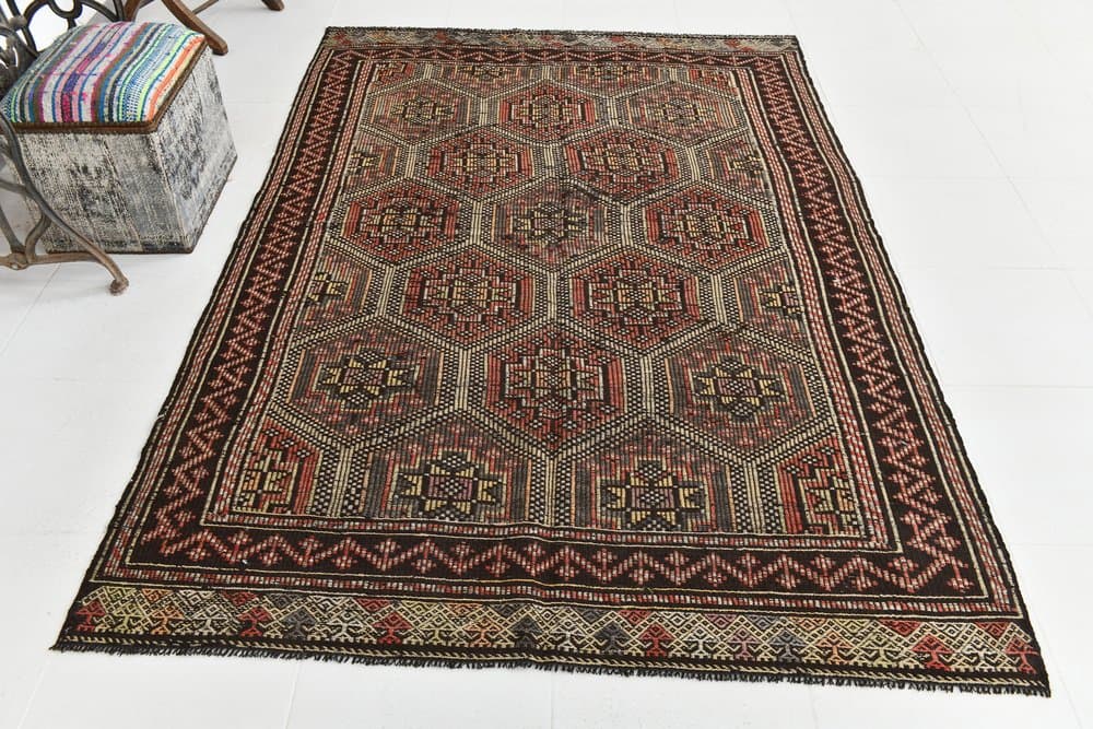 Kilim 237x159 cm, brązowy, wełna, lata 70. - 214553