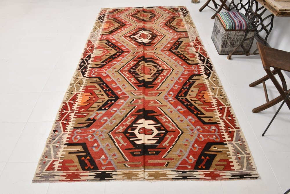 Kilim 166x334 cm, czerwony, beżowy, wełna, lata 70. - 214530