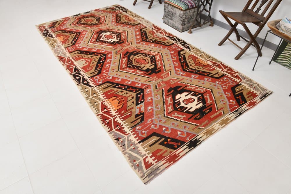 Kilim 166x334 cm, czerwony, beżowy, wełna, lata 70. - 214531