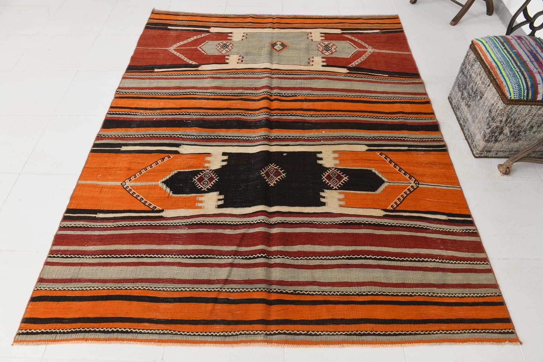 Kilim 226x173 cm, red, orange, wool, 1970s - 214906