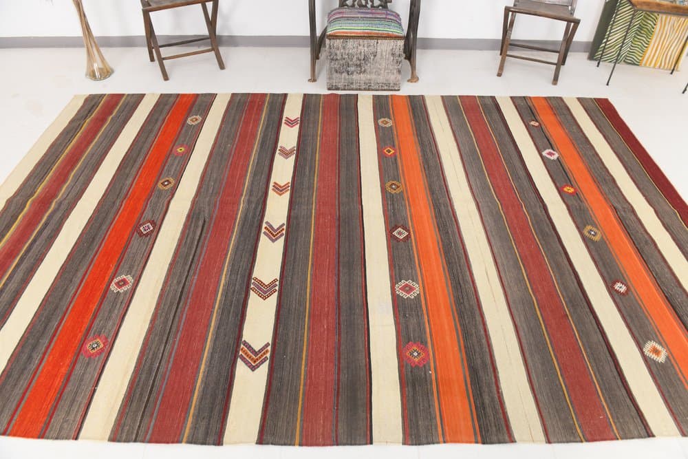 Kilim 211x331 cm, brązowy, pomarańczowy, wełna, lata 70. - 214897
