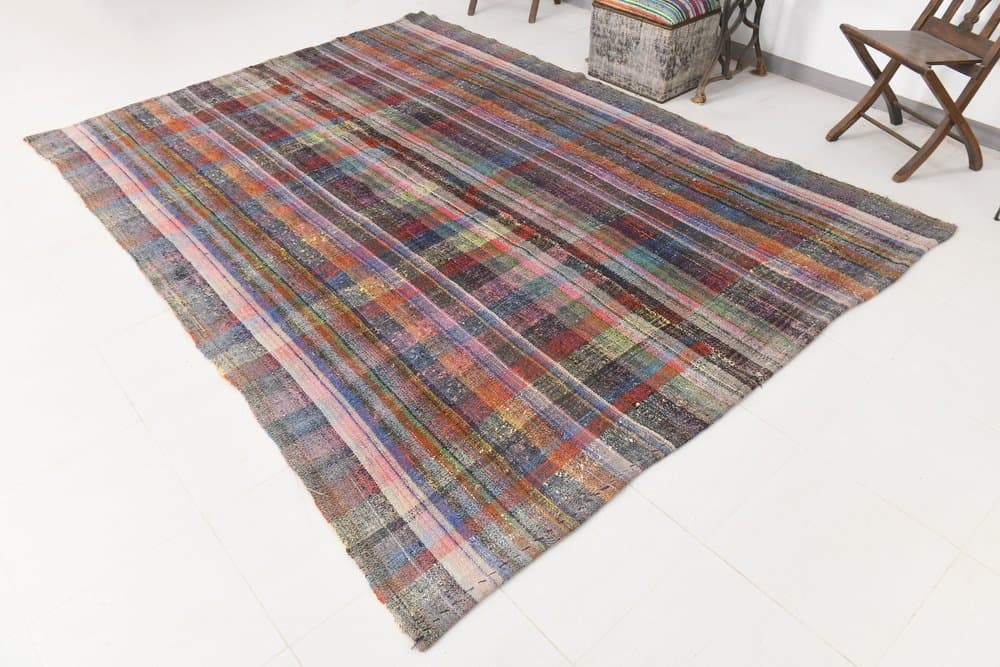Kilim 222x309 cm, czerwony, niebieski, wełna, lata 60. - 214884
