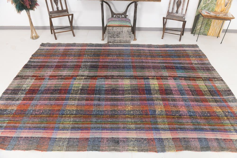 Kilim 222x309 cm, czerwony, niebieski, wełna, lata 60. - 214885
