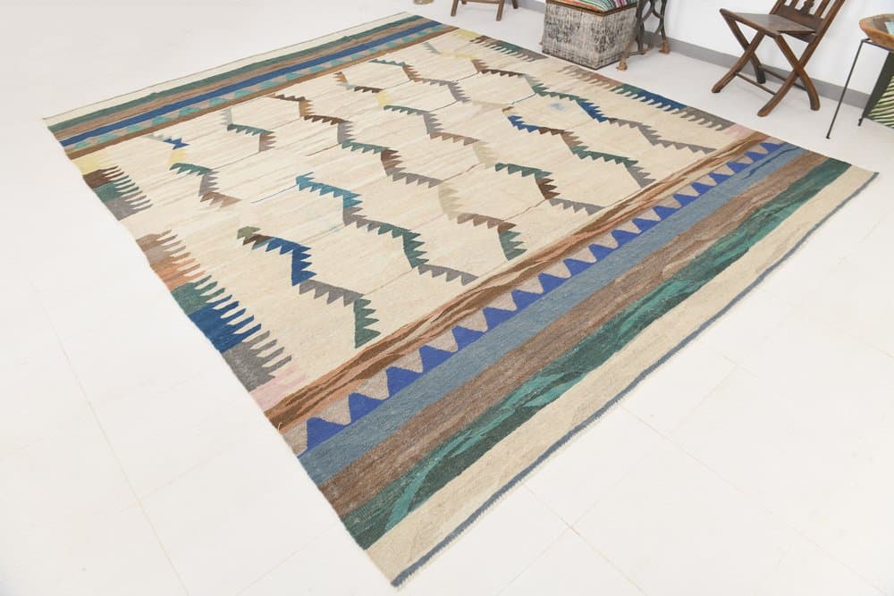 Kilim 362x280 cm, beżowy, zielony, wełna, Turcja, lata 70. - 214948