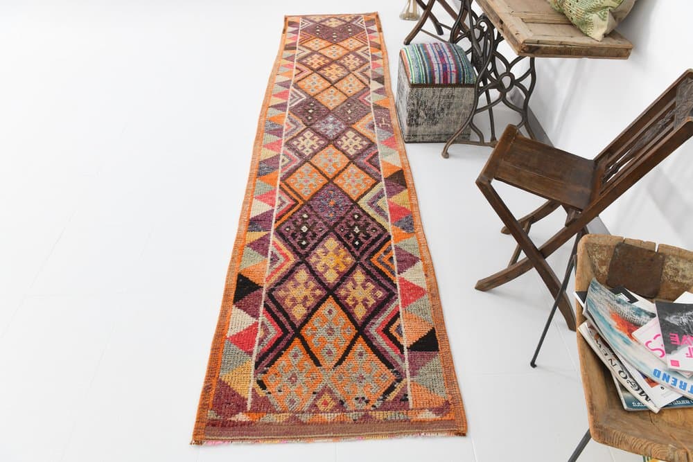 Chodnik 81x388 cm, brązowy, beżowy, wełna, lata 70. - 214922