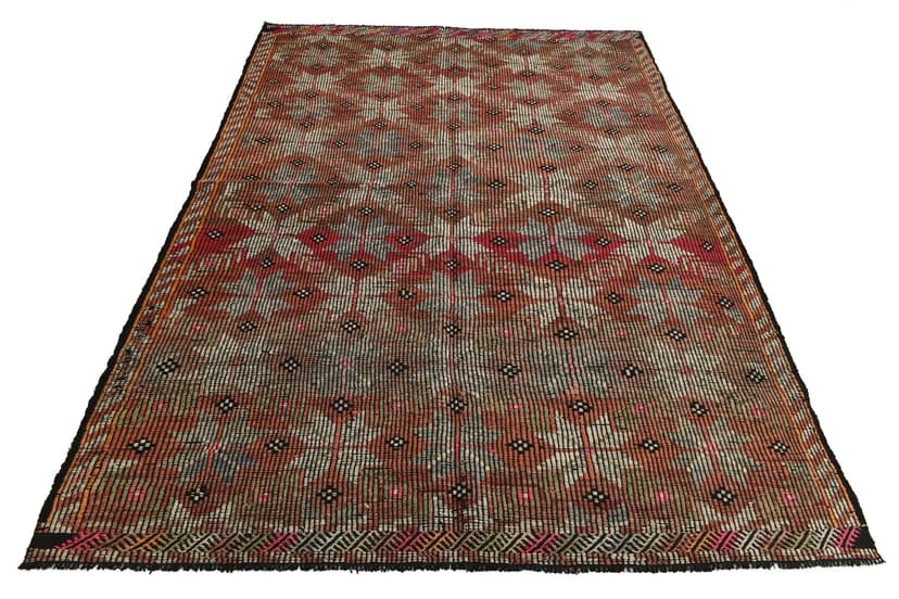 Kilim 178x270 cm, karminowy, pastelowy, wełna, lata 70.