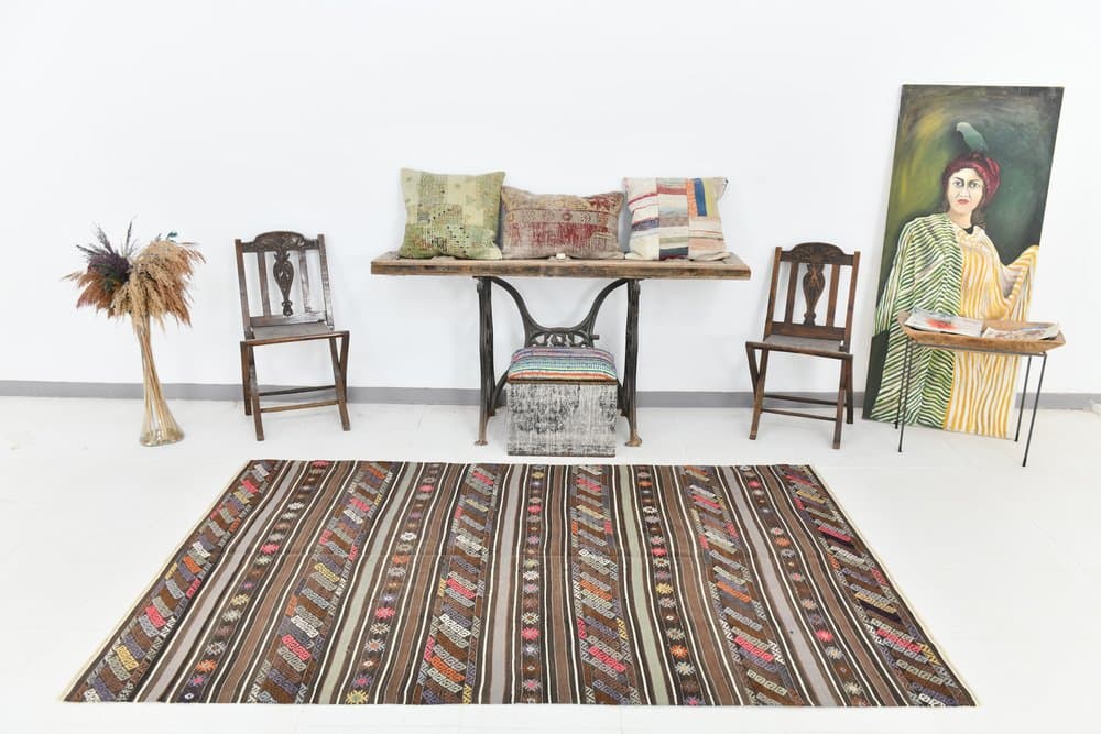 Kilim 238x155 cm, brązowy, beżowy, wełna, Turcja, lata 70. - 215070